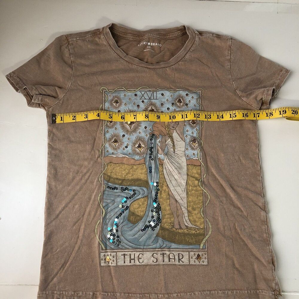 Lucky Brand women’s “the star” tarot card graphic Tee sun faded brown sequin XS - Picture 4 of 14